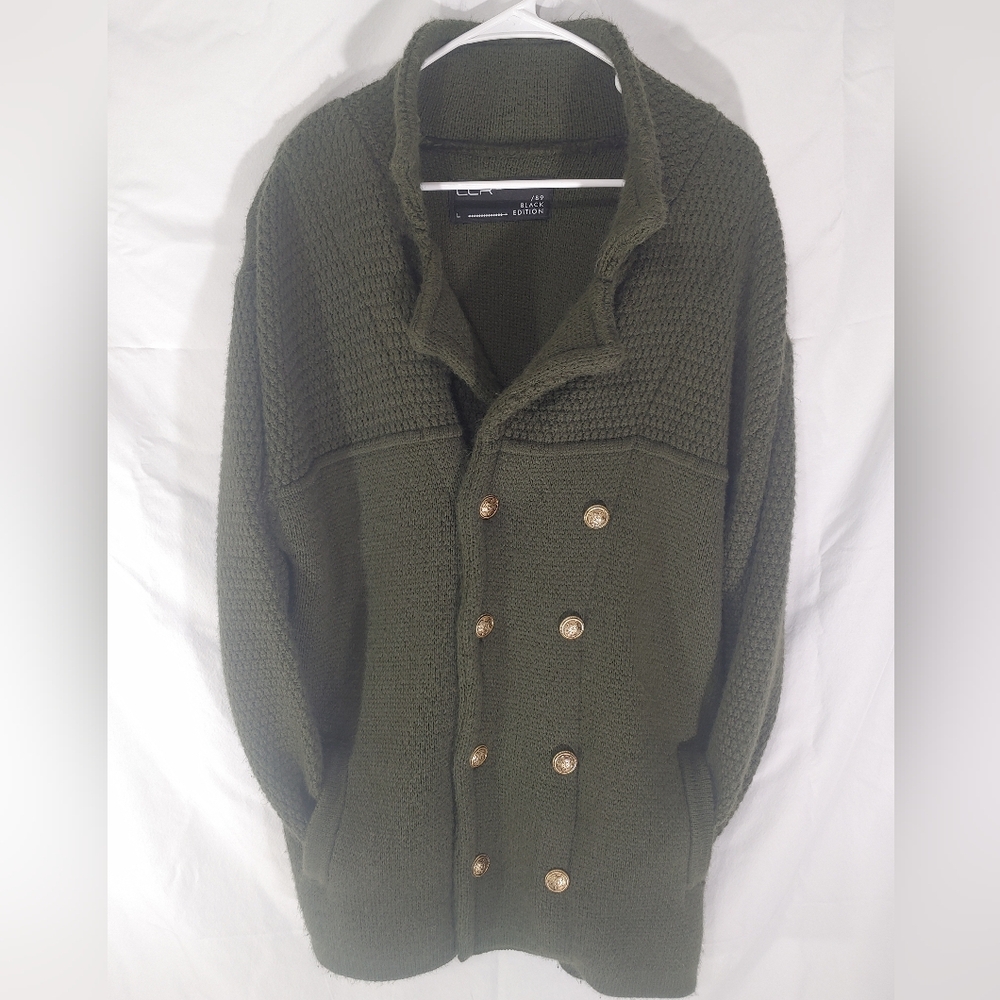 Good Condition LCR Dark Olive Green Knit Cardigan with Gold Details Men's Large